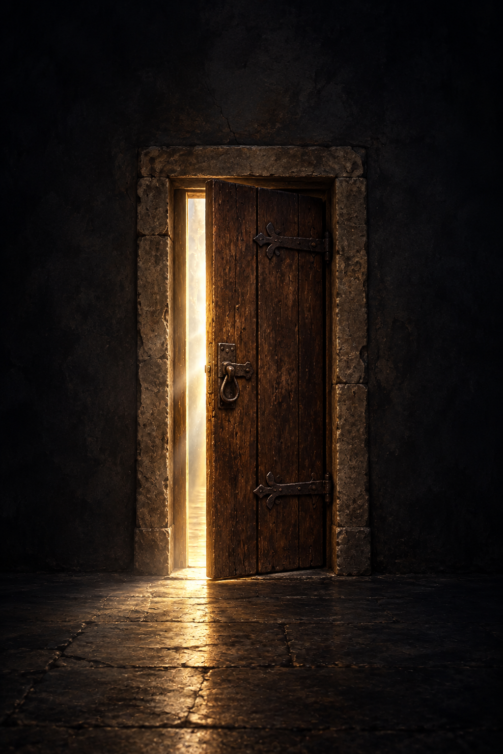 A timeworn old-world wooden door set in stone, cracked open with restrained gold and silver-white light