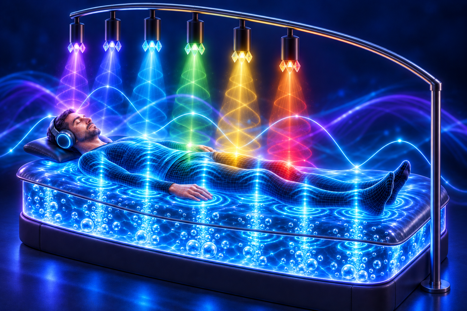 Conceptual illustration of a man on a VAT waterbed, with bubbles and blue vibrations rising from the water mattress and colored Chakra ARC light shining down from above